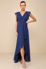 Ravishing Charm Dark Blue Ruffled Wrap High-Low Maxi Dress