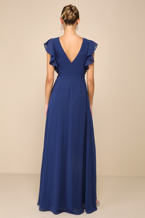 Shop Lulus Ravishing Charm Dark Blue Ruffled Wrap High-low Maxi Dress