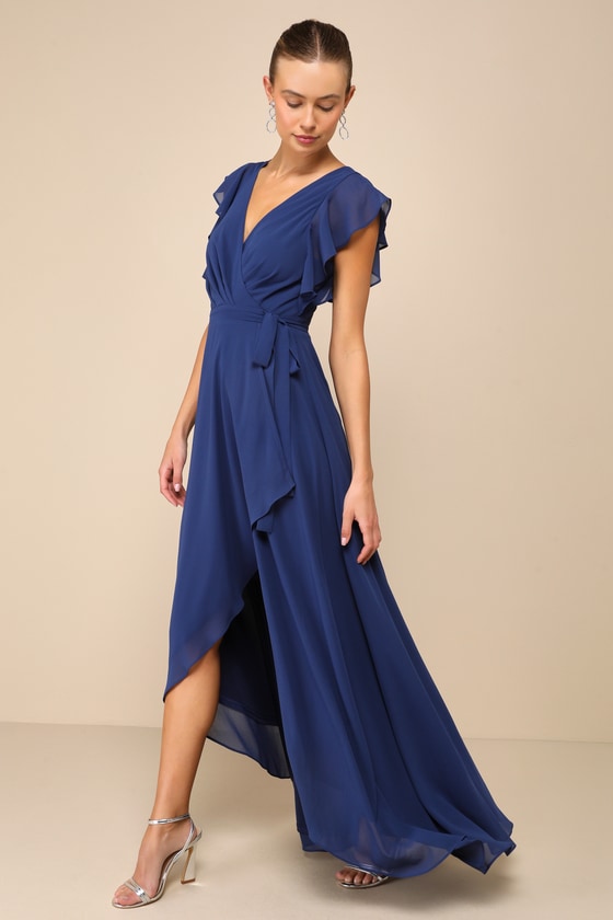 Shop Lulus Ravishing Charm Dark Blue Ruffled Wrap High-low Maxi Dress