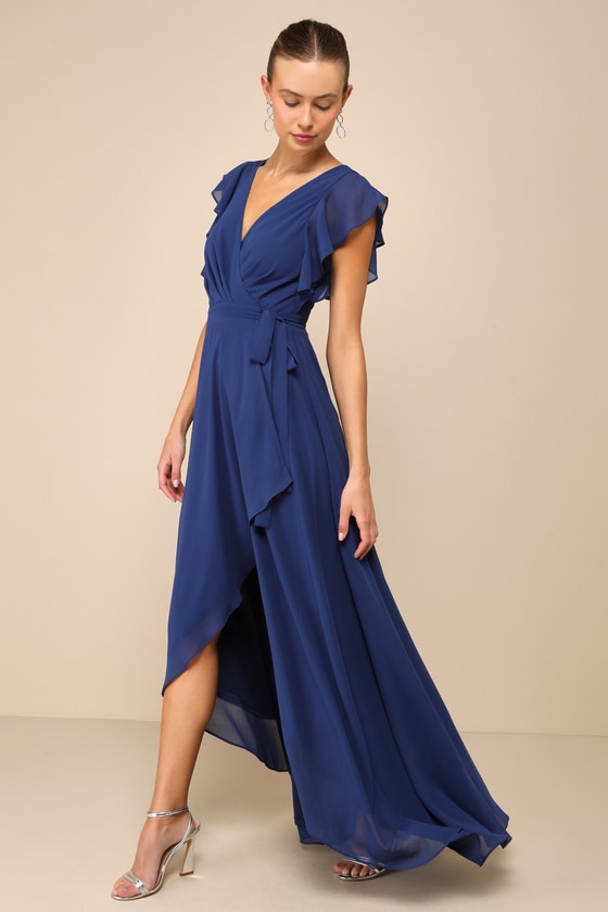 Lulus Ravishing Charm Dark Blue Ruffled Wrap High-low Maxi Dress In Dark Blue