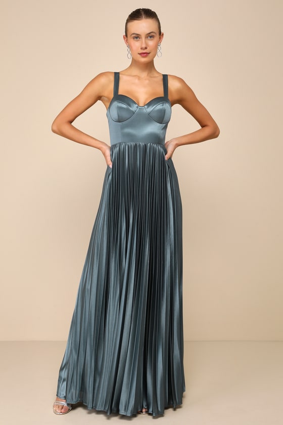 Lulus Luxurious Flair Blue Grey Satin Pleated Bustier Maxi Dress