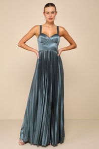 Luxurious Flair Blue Grey Satin Pleated Bustier Maxi Dress