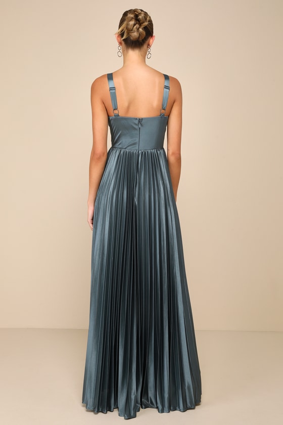 Shop Lulus Luxurious Flair Blue Grey Satin Pleated Bustier Maxi Dress
