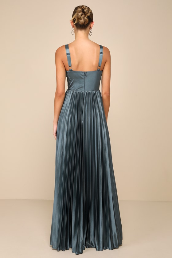 Luxurious Flair Blue Grey Satin Pleated Bustier Maxi Dress 2