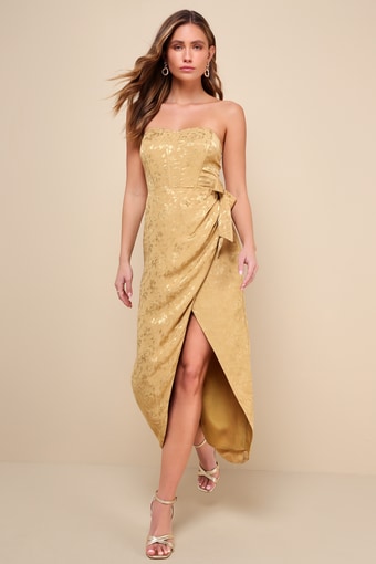 Adoring Praise Gold Satin Jacquard Strapless Bustier Midi Dress