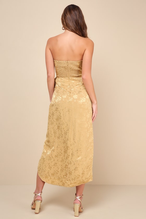 Shop Lulus Adoring Praise Gold Satin Jacquard Strapless Bustier Midi Dress