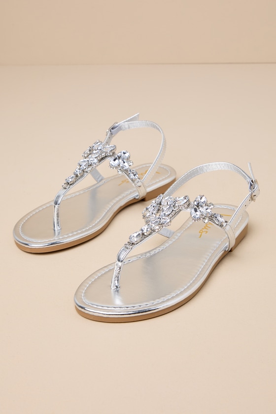 Shop Lulus Westan Silver Metallic Rhinestone T-strap Sandals