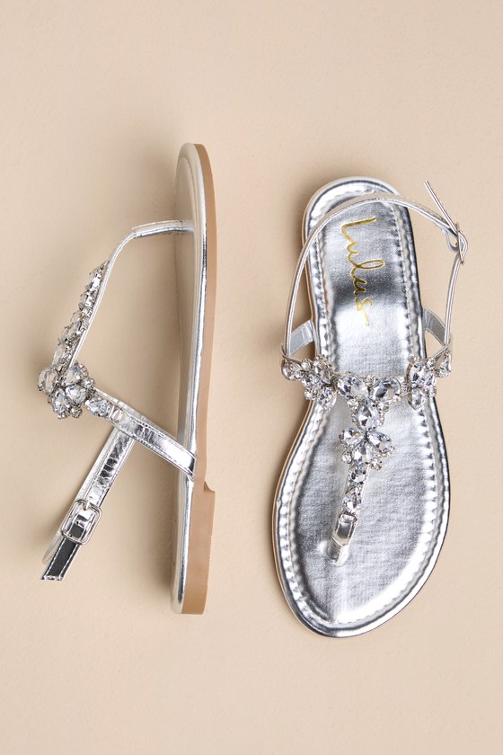 Shop Lulus Westan Silver Metallic Rhinestone T-strap Sandals