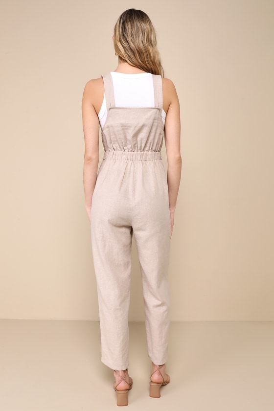 Beige Sleeveless Jumpsuit - Overall Jumpsuit - Linen