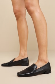 Pinky Black Leather Square-Toe Loafer Flats