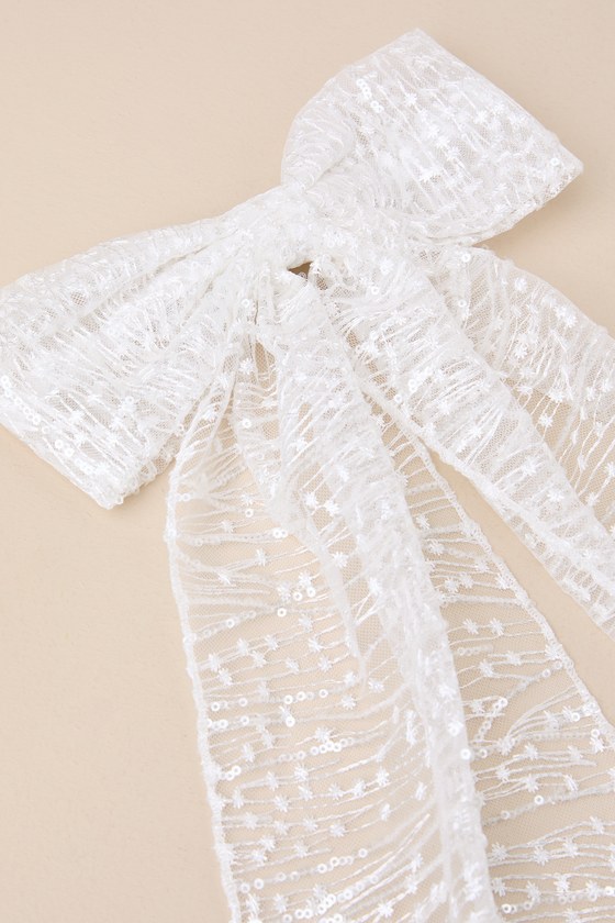 Dazzling Bliss White Mesh Sequin Embroidered Hair Bow Barrette 3