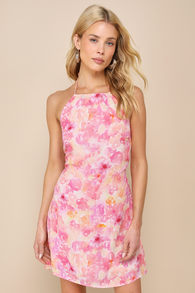 Breezy Date Pink Floral Cutout Halter Mini Dress