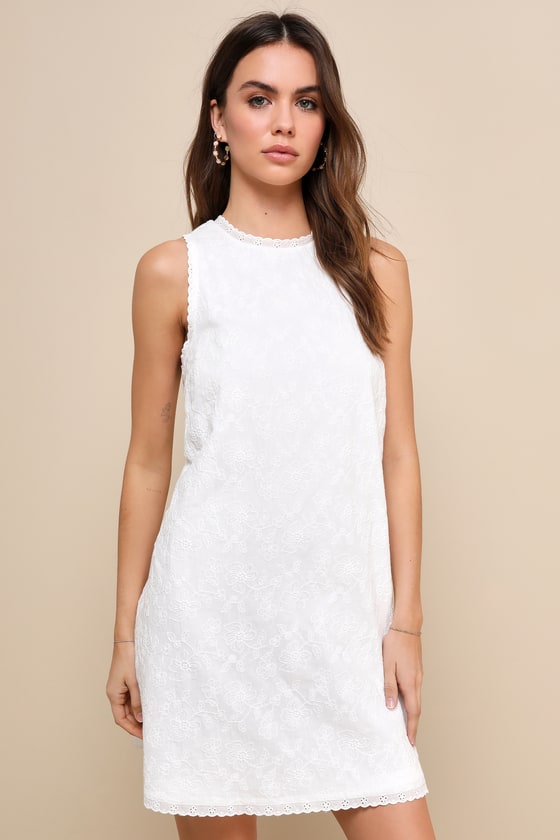 Lulus Sweet Loveliness White Embroidered Sleeveless Shift Mini Dress