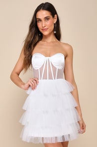Glamorous Sensation White Sheer Tulle Tiered Bustier Mini Dress