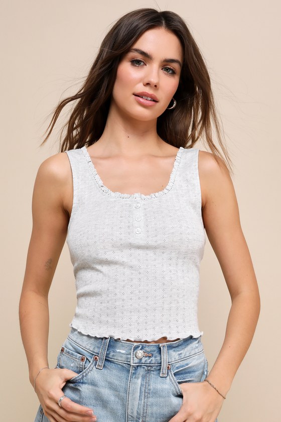 Casual Favorite Heather Grey Pointelle Knit Henley Tank Top 2