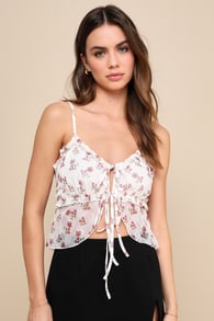 Delightfully Charming Ivory Floral Sheer Mesh Tie-Front Cami Top
