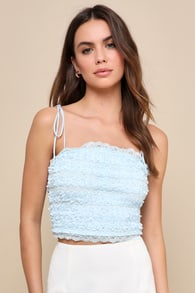Extraordinary Darling Light Blue 3D Floral Lace Tie-Strap Top