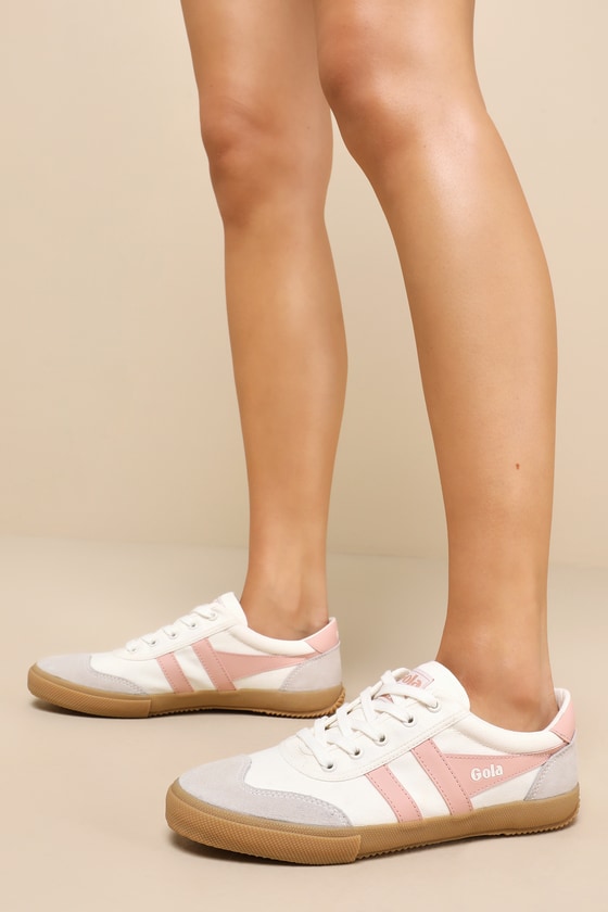 Shop Gola Badminton Plimsoll Off White And Pearl Pink Suede Sneakers