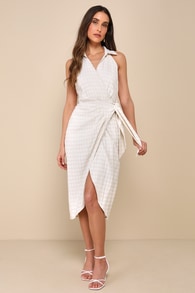 Complete Poise Cream Textured Collared Tie-Front Wrap Midi Dress