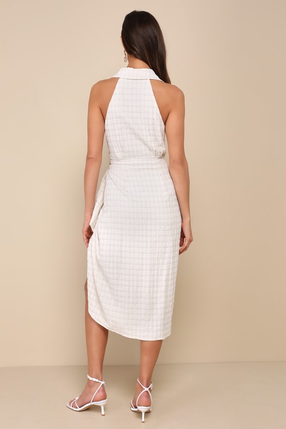 Complete Poise Cream Textured Collared Tie-Front Wrap Midi Dress 4