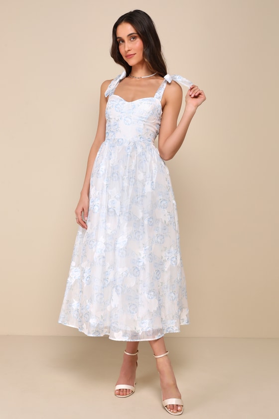 Beautifully Adored White Floral Burnout Tie-Strap Midi Dress 2