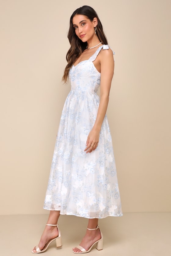 Lulus Beautifully Adored White Floral Burnout Tie-strap Midi Dress In White