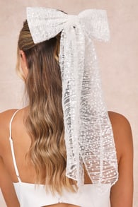 Dazzling Bliss White Mesh Sequin Embroidered Hair Bow Barrette