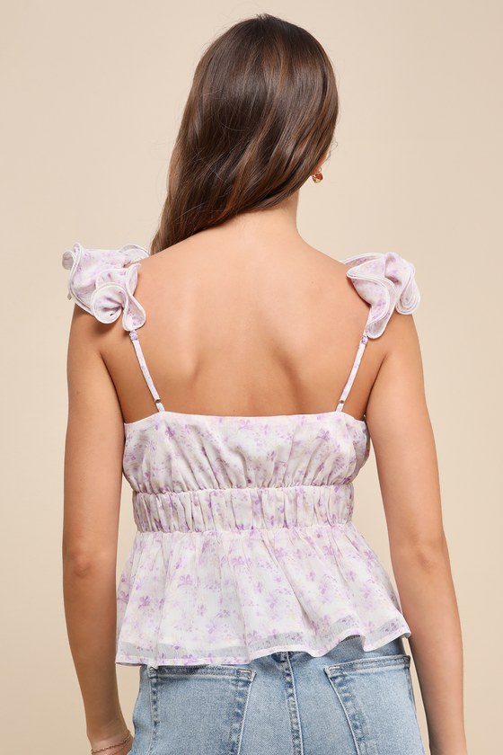 Ivory Floral Top - Sleeveless Peplum Top - Ruffled Peplum
