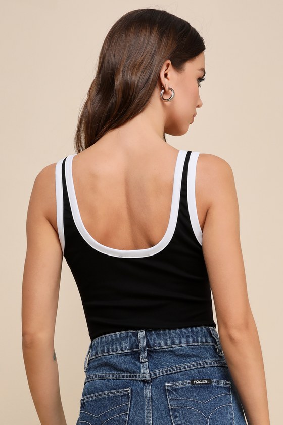 LULUS PERFECT CUTENESS BLACK AND WHITE COLOR BLOCK SLEEVELESS BODYSUIT 