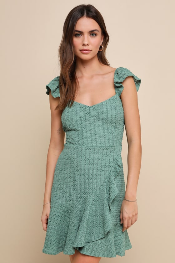 Lulus Darling Sweetness Dark Sage Textured Faux-wrap Mini Dress In Green