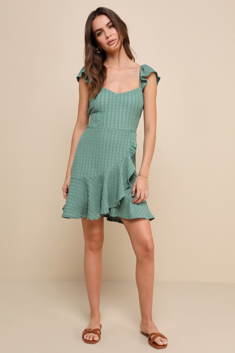 Dark Sage Mini Dress - Faux-Wrap Mini Dress - Ruffled Mini Dress - Lulus