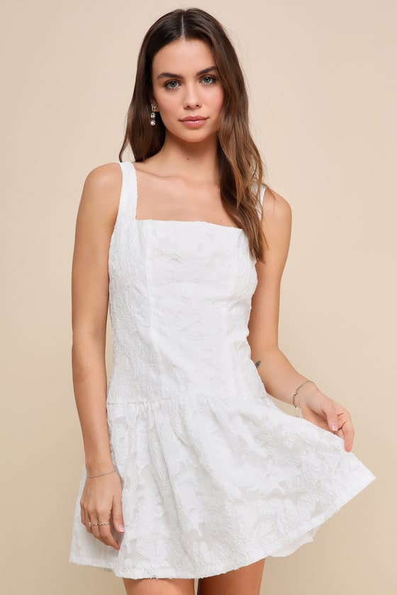 Shop Lulus Exuberant Elegance White Jacquard Drop Waist Mini Dress