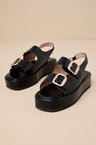 Ezlynn Black Buckled Flatform Slingback Sandals