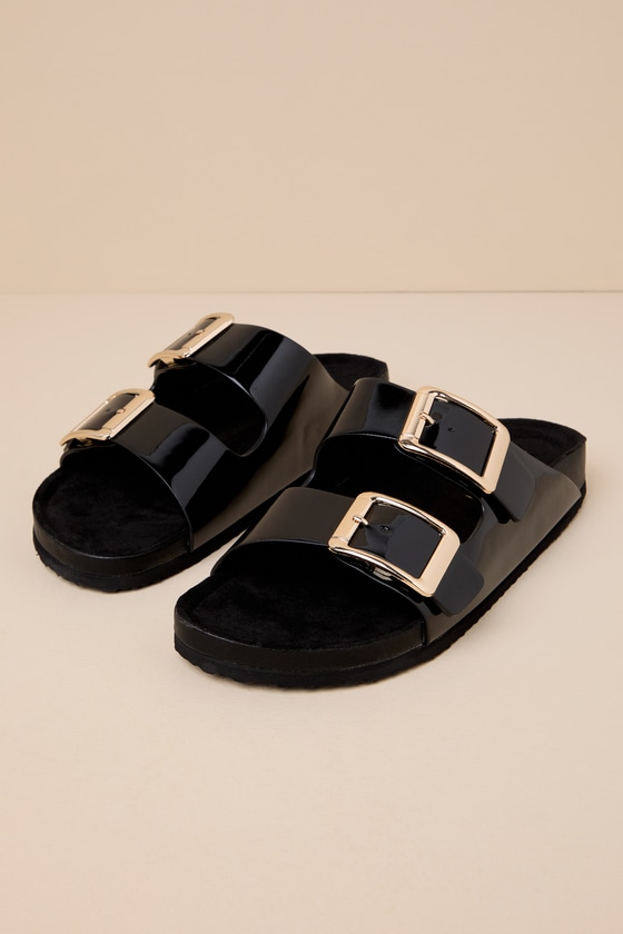 Madden Girl Bodiee Black Patent Buckle Slide Sandals In Black