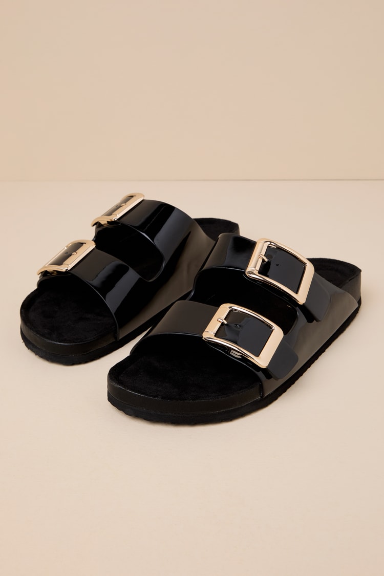 Bodiee Black Patent Buckle Slide Sandals