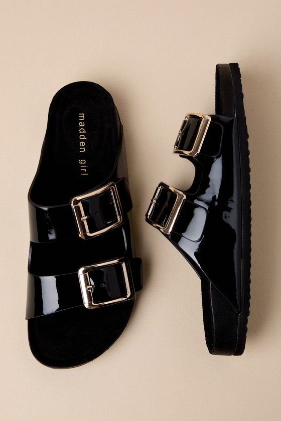 Madden Girl Bodiee Black Patent Buckle Slide Sandals In Black