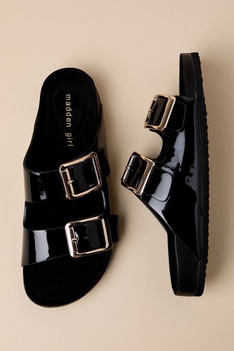Bodiee Black Patent Buckle Slide Sandals