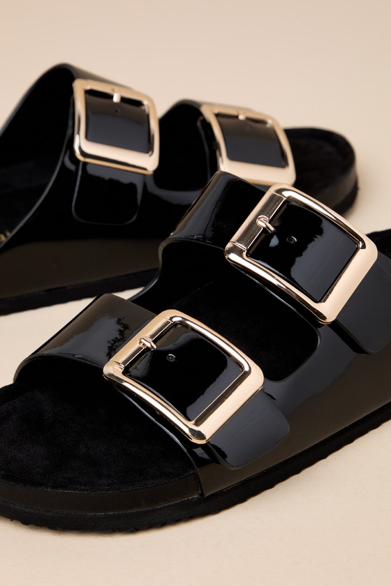 Shop Madden Girl Bodiee Black Patent Buckle Slide Sandals