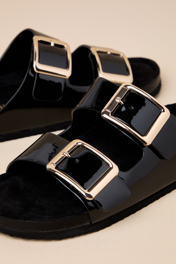 Madden Girl Bodiee Black Patent Buckle Slide Sandals In Black