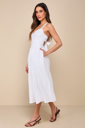 Strolling Sicily White Pleated Backless Midi Dress With Pockets 2