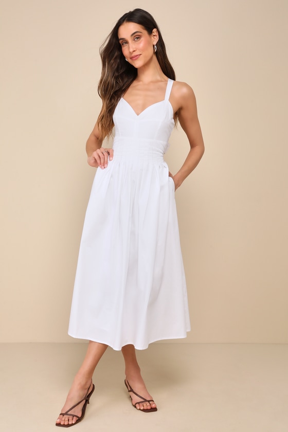 Strolling Sicily White Pleated Backless Midi Dress With Pockets 3