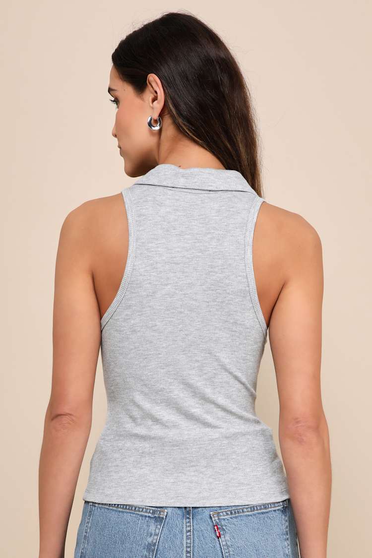 Fashionable Presence Heather Grey Ribbed Collared Tank Top
