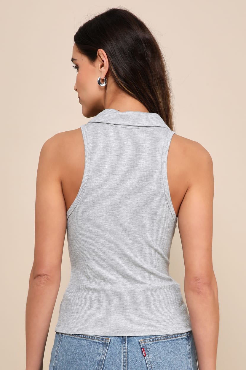 Fashionable Presence Heather Grey Ribbed Collared Tank Top