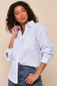Breezy Essence White and Blue Striped Cotton Button-Up Top