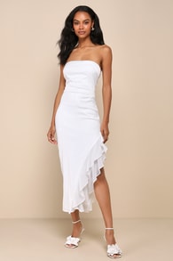 Graceful Perfection White Satin Ruffled Strapless Midi Dress