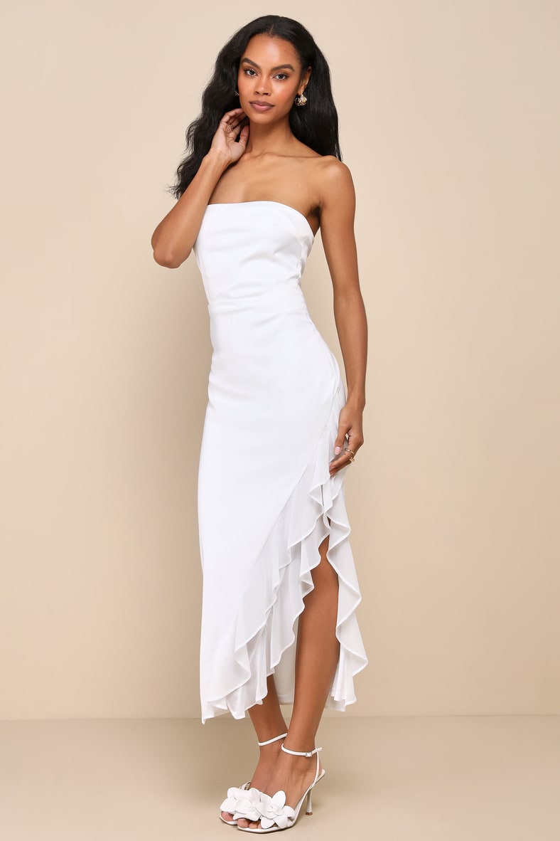 Graceful Perfection White Satin Ruffled Strapless Midi Dress
