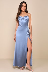 Stunning Example Slate Blue Satin Pleated Backless Maxi Dress