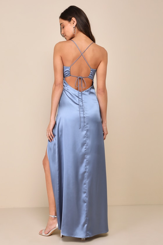 Lulus Stunning Example Slate Blue Satin Pleated Backless Maxi Dress In Slate Blue