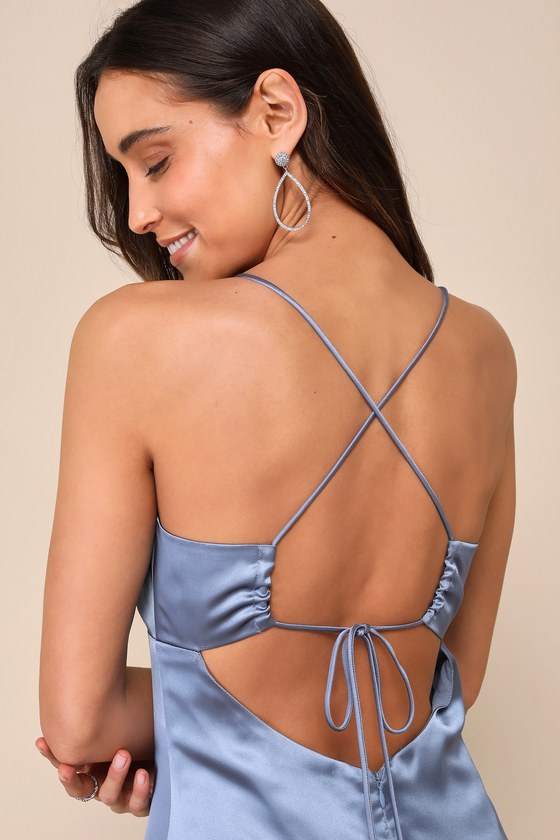 Lulus Stunning Example Slate Blue Satin Pleated Backless Maxi Dress In Slate Blue