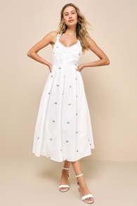 Delicate Excellence White Floral Embroidered Tie-Back Midi Dress